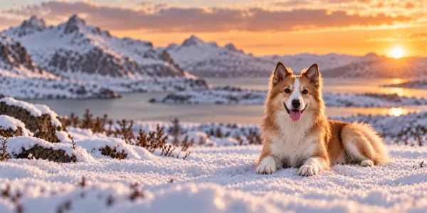 A red and white Icelandic Sheepdog lying in snow below mountains at sunset