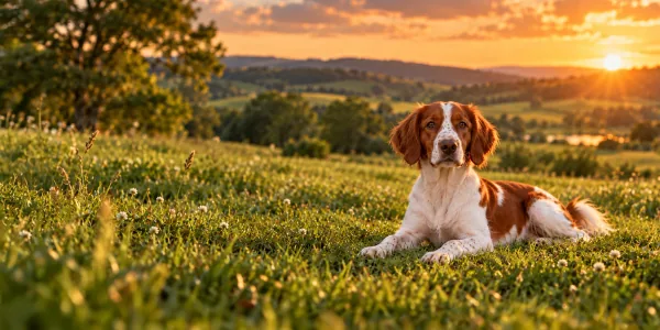 An Irish Red and White Setter lying on a green hillside above rolling country at sunset
