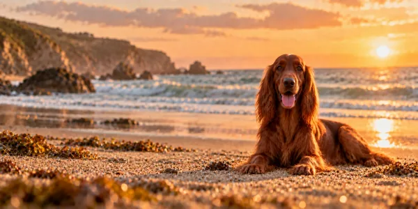 A mahogany Irish Setter lying on a beach at sunset
