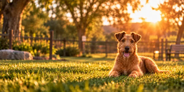 A red Irish Terrier lying on the grass at a dog park at sunset
