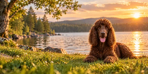 A liver Irish Water Spaniel with a tightly curled coat lying beside a lake at sunset