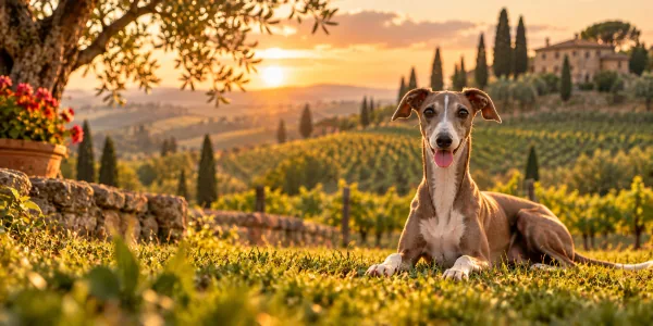 A blue and white Italian Greyhound lying on a stone terrace above Tuscan vineyards at sunset