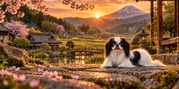 A black and white Japanese Chin lying on a stone path below Mount Fuji, cherry blossom behind
