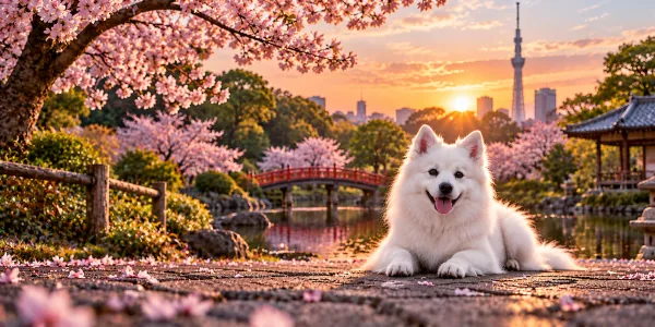 A white Japanese Spitz lying under cherry blossom beside a red bridge, a city skyline behind