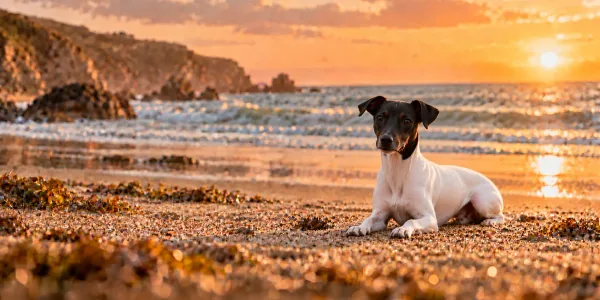 A black and white Japanese Terrier lying on a beach at sunset