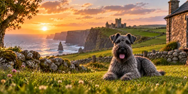 A blue-gray Kerry Blue Terrier lying on a clifftop above the Irish coast at sunset