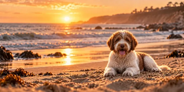 A brown and white Lagotto Romagnolo with a curly coat lying on a beach at sunset