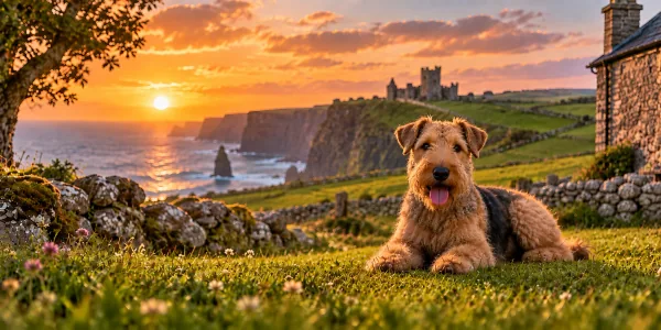 A wheaten Lakeland Terrier lying on a clifftop above the Irish coast at sunset