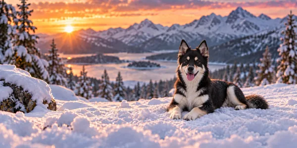 A black and white Lapponian Herder lying in snow above a mountain lake at sunset