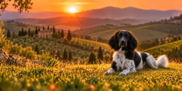 A black and white Large Munsterlander lying on a hillside above rolling country at sunset