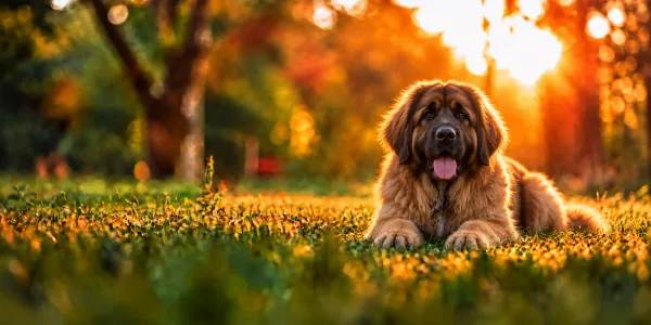 A fawn Leonberger with a dark mask lying in park grass, backlit by a low sun