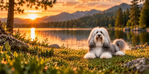 A gray and white Lowchen in a lion clip lying beside a mountain lake at sunset