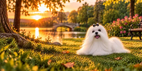 A white Maltese with a long silky coat lying on a park lawn beside a stone bridge