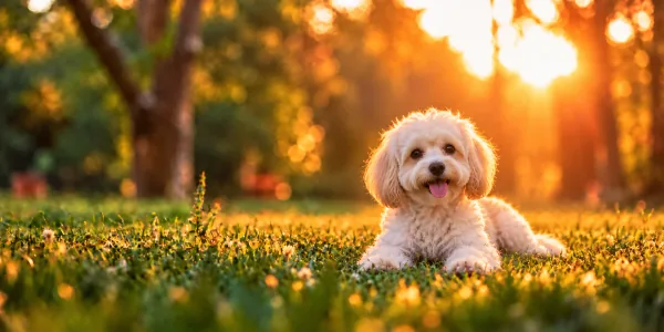 A cream Maltipoo with a curly coat lying in park grass, backlit by a low sun