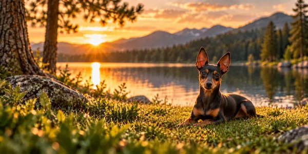 A black and tan Toy Manchester Terrier lying beside a mountain lake at sunset