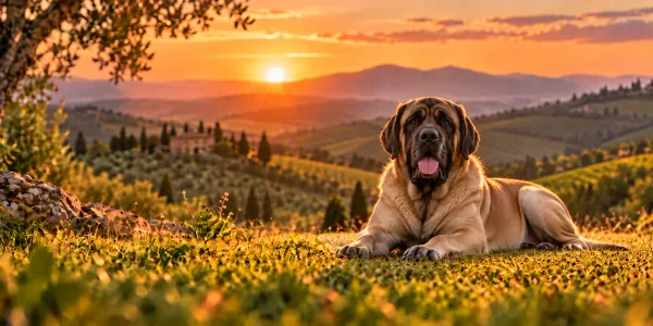A fawn Mastiff with a black mask lying on a hillside above rolling country at sunset