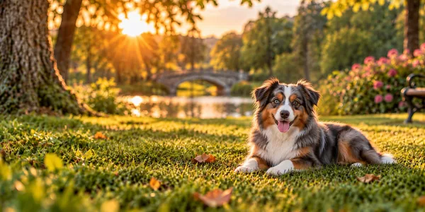 A blue merle Miniature American Shepherd lying on a park lawn beside a stone bridge