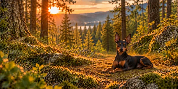 A black and rust Miniature Pinscher lying on forest moss at sunset