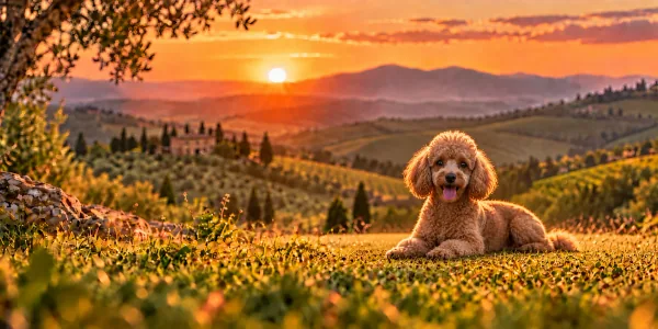 An apricot Miniature Poodle lying on a hillside above rolling country at sunset