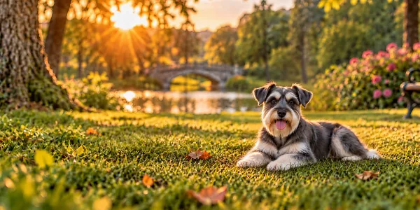 A salt and pepper Miniature Schnauzer lying on a park lawn beside a stone bridge