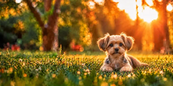 A tan Morkie with a shaggy coat lying in park grass, backlit by a low sun
