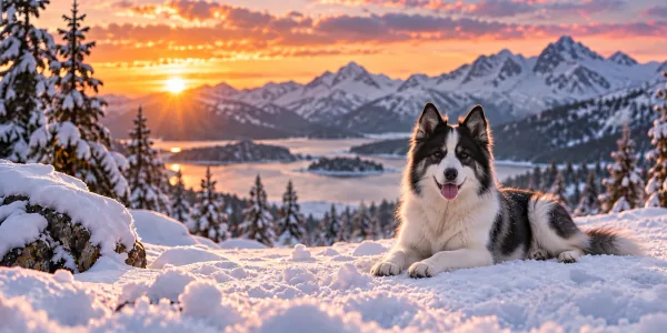 A black and white Nenets Laika lying in snow above a mountain lake at sunset