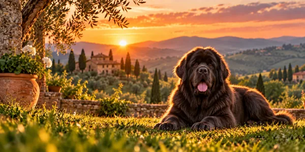 A black Newfoundland lying on a stone terrace above Tuscan hills at sunset