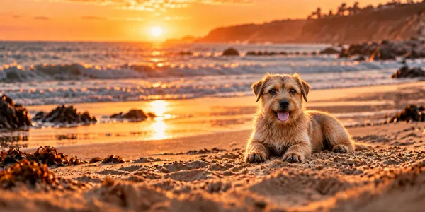 A wheaten Norfolk Terrier with drop ears lying on a beach at sunset