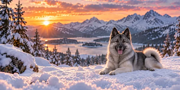 A gray Norwegian Elkhound lying in snow above a mountain valley at sunset