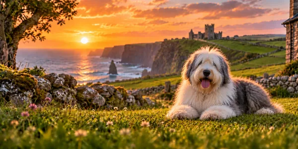 A gray and white Old English Sheepdog lying on a clifftop above the sea at sunset