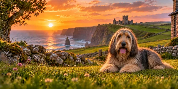 A grizzle Otterhound with a shaggy coat lying on a clifftop above the sea at sunset