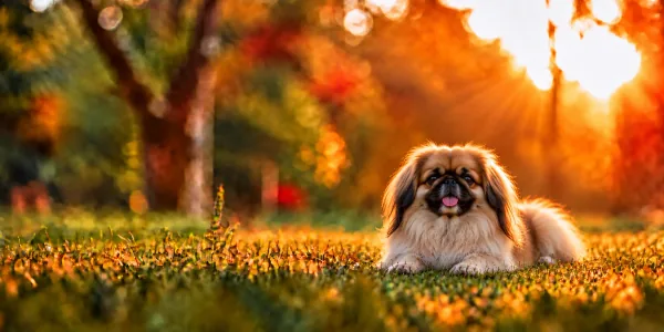 A gold Pekingese with a long coat lying in park grass, backlit by a low sun
