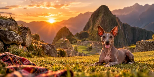 A hairless Peruvian Inca Orchid lying on a terrace above Andean ruins at sunset