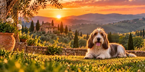 A white and tan Petit Basset Griffon Vendeen with a shaggy coat lying above Tuscan hills at sunset