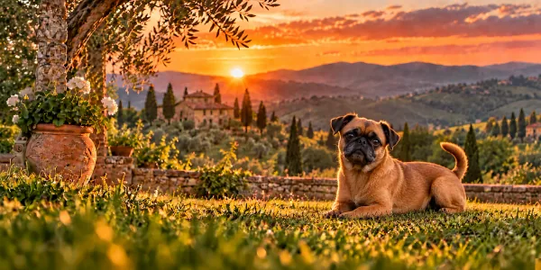 A fawn Petit Brabancon with a flat face lying on a stone wall above a Tuscan valley at sunset