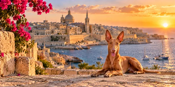 A tan Pharaoh Hound with tall pricked ears lying above a Mediterranean harbor at sunset