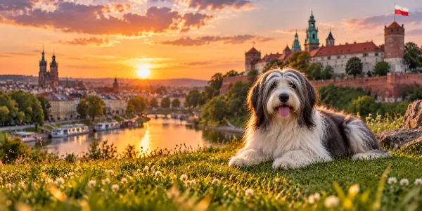 A gray and white Polish Lowland Sheepdog lying on a hillside above Krakow at sunset