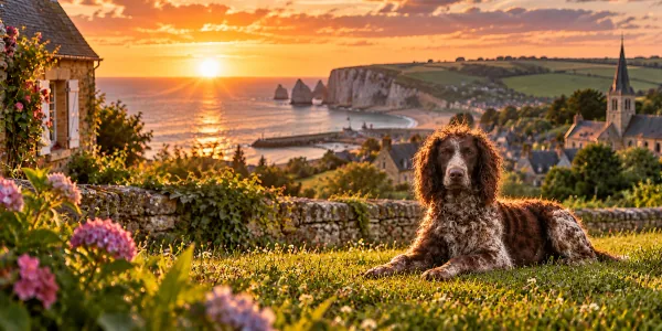 A brown roan Pont-Audemer Spaniel with a curly topknot lying above a Normandy harbor at sunset