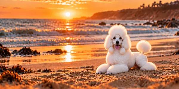 A white Standard Poodle in a show clip lying on a beach at sunset