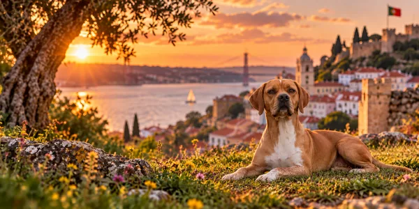 A fawn Portuguese Pointer lying on a hillside above Lisbon at sunset