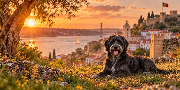 A gray Portuguese Sheepdog with a shaggy coat lying on a hillside above Lisbon at sunset