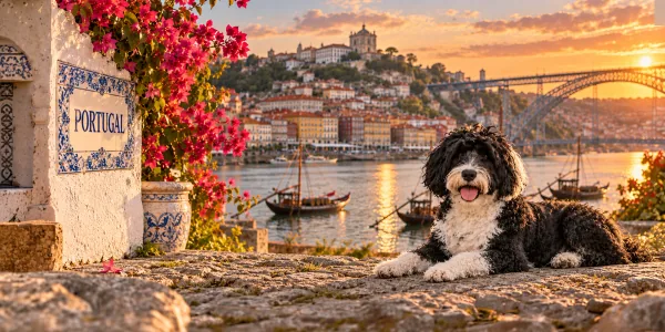 A black and white Portuguese Water Dog with a curly coat lying above a Porto riverfront at sunset