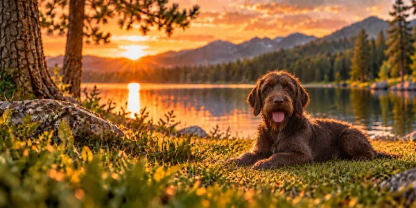 A brown Pudelpointer with a rough coat lying beside a mountain lake at sunset