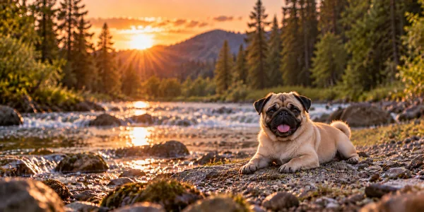 A fawn Pug with a black mask lying beside a mountain stream at sunset