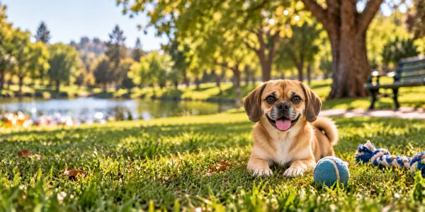A fawn Puggle lying on a park lawn beside a pond at sunset