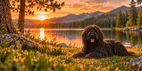 A black Puli with a long corded coat lying beside a mountain lake at sunset