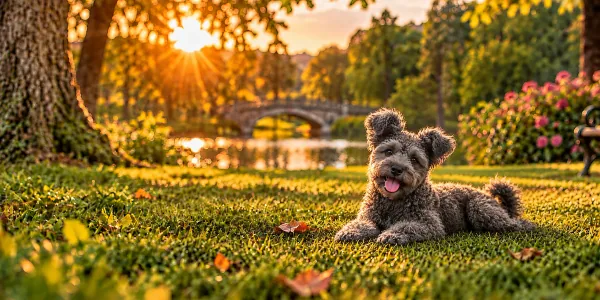 A gray Pumi with a curly coat and pricked ears lying on a park lawn beside a stone bridge