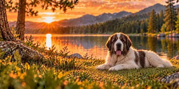A white and badger Pyrenean Mastiff lying beside a mountain lake at sunset
