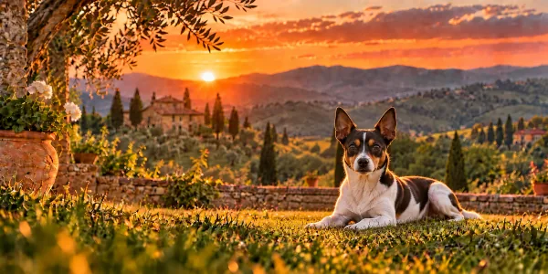 A white and chocolate Rat Terrier lying beside terracotta pots above Tuscan hills at sunset