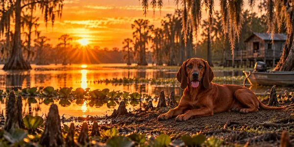 A red Redbone Coonhound lying in a Louisiana bayou at sunset